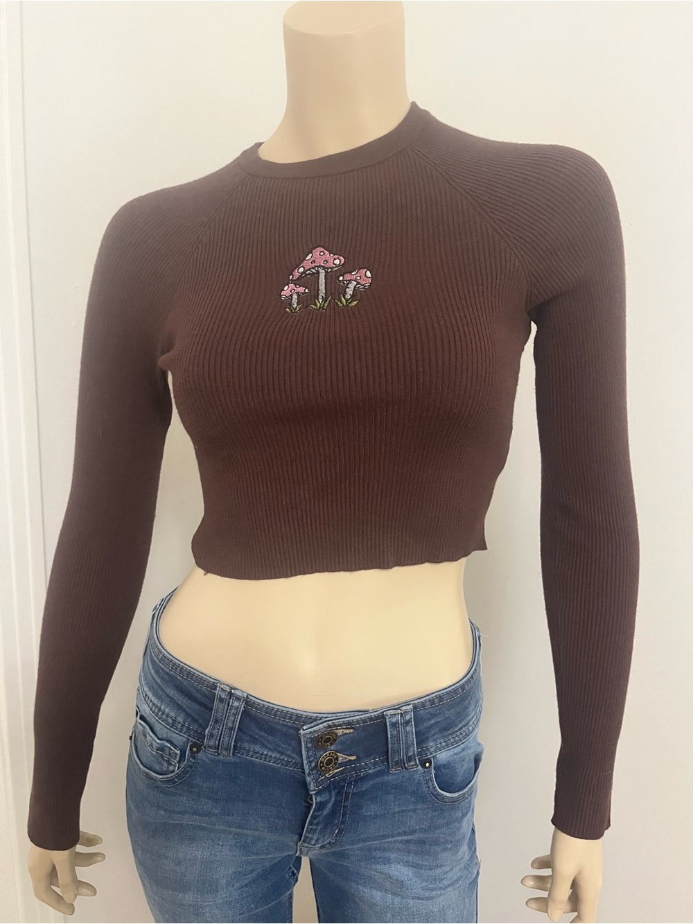 Garage Chocolate Brown Ribbed Long-Sleeve Crop Top with Pink Mushroom Motif